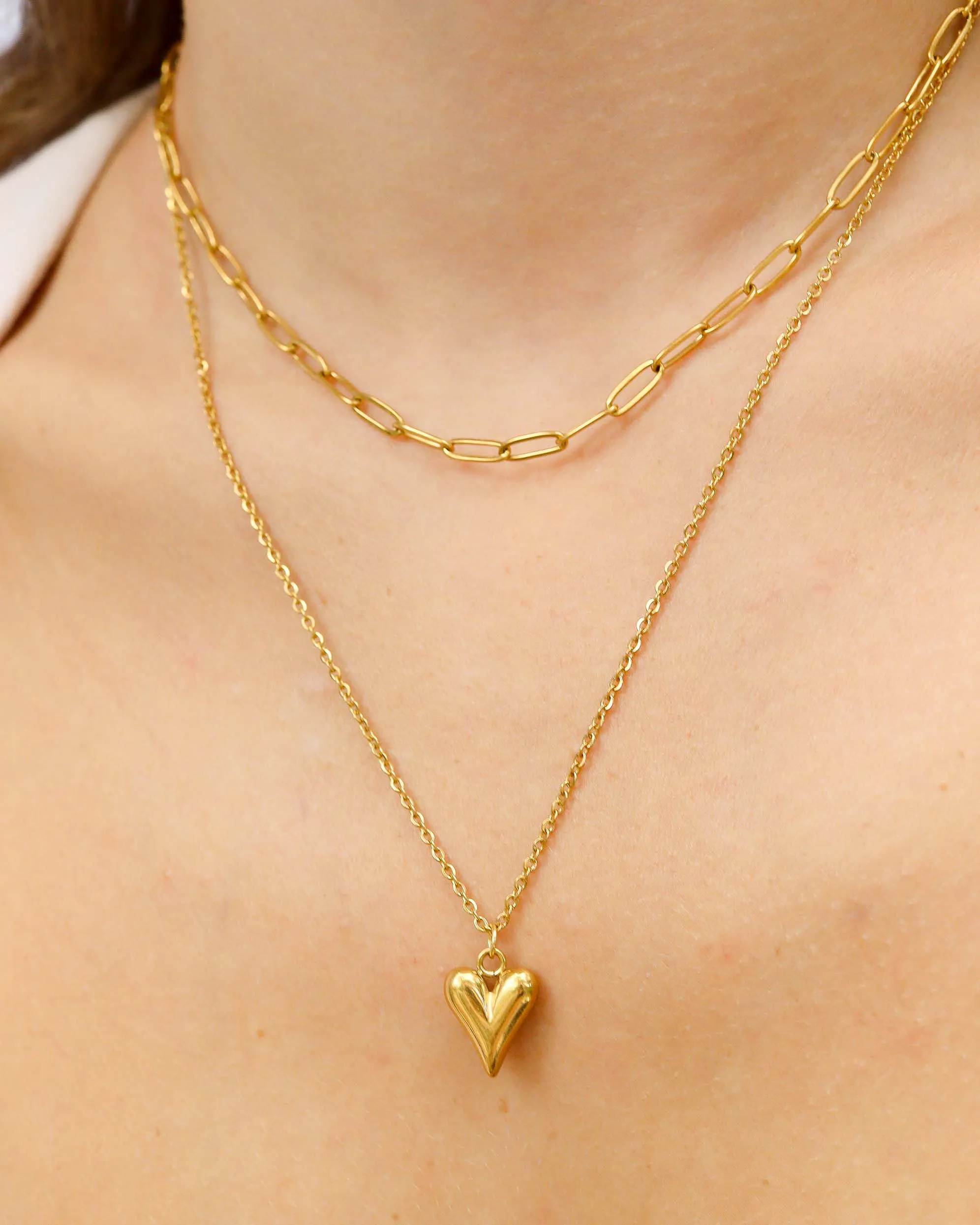 18K Gold PVD Stainless Steel Loop and Paperclip Layered Chain Heart Charm Necklace / CHN0026