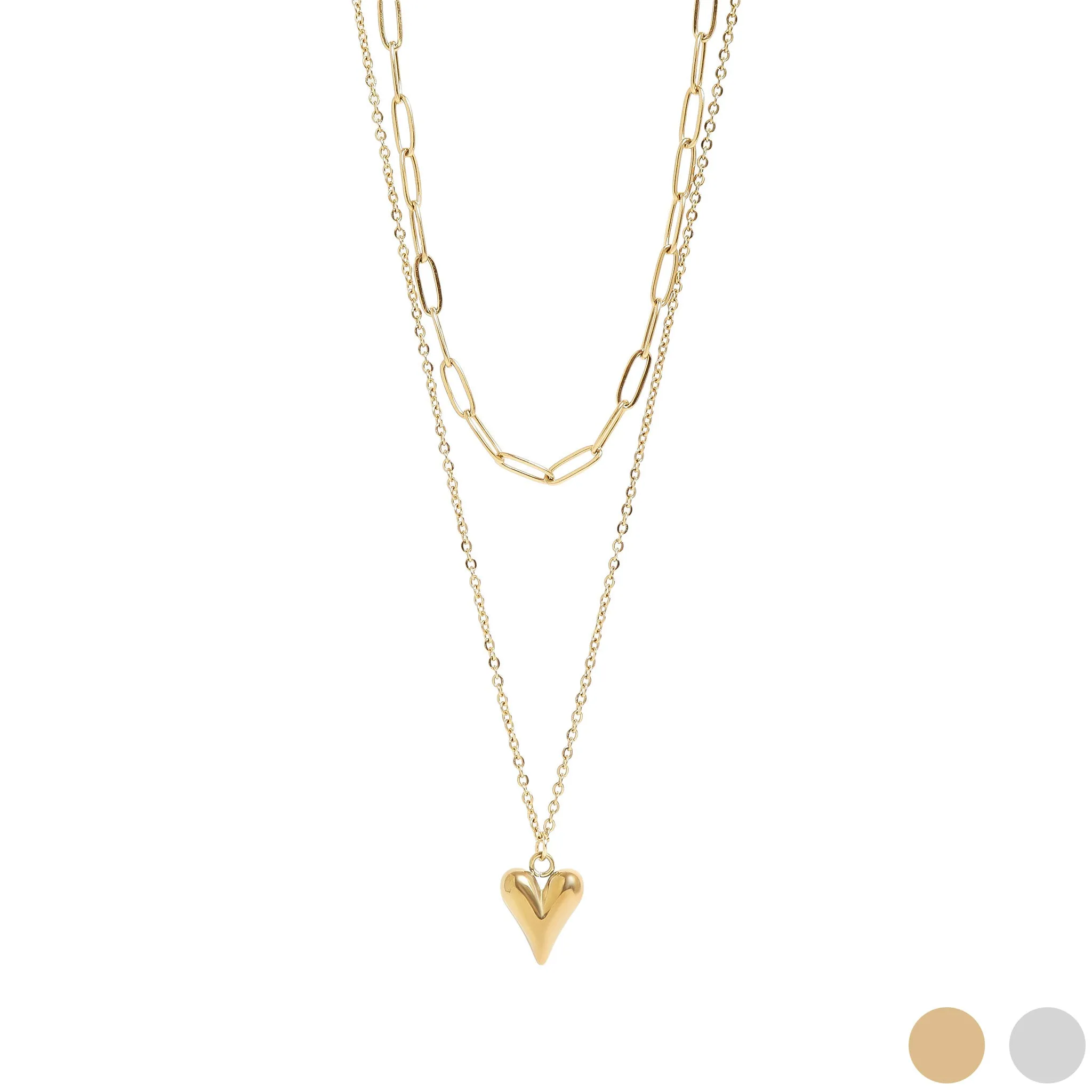 18K Gold PVD Stainless Steel Loop and Paperclip Layered Chain Heart Charm Necklace / CHN0026