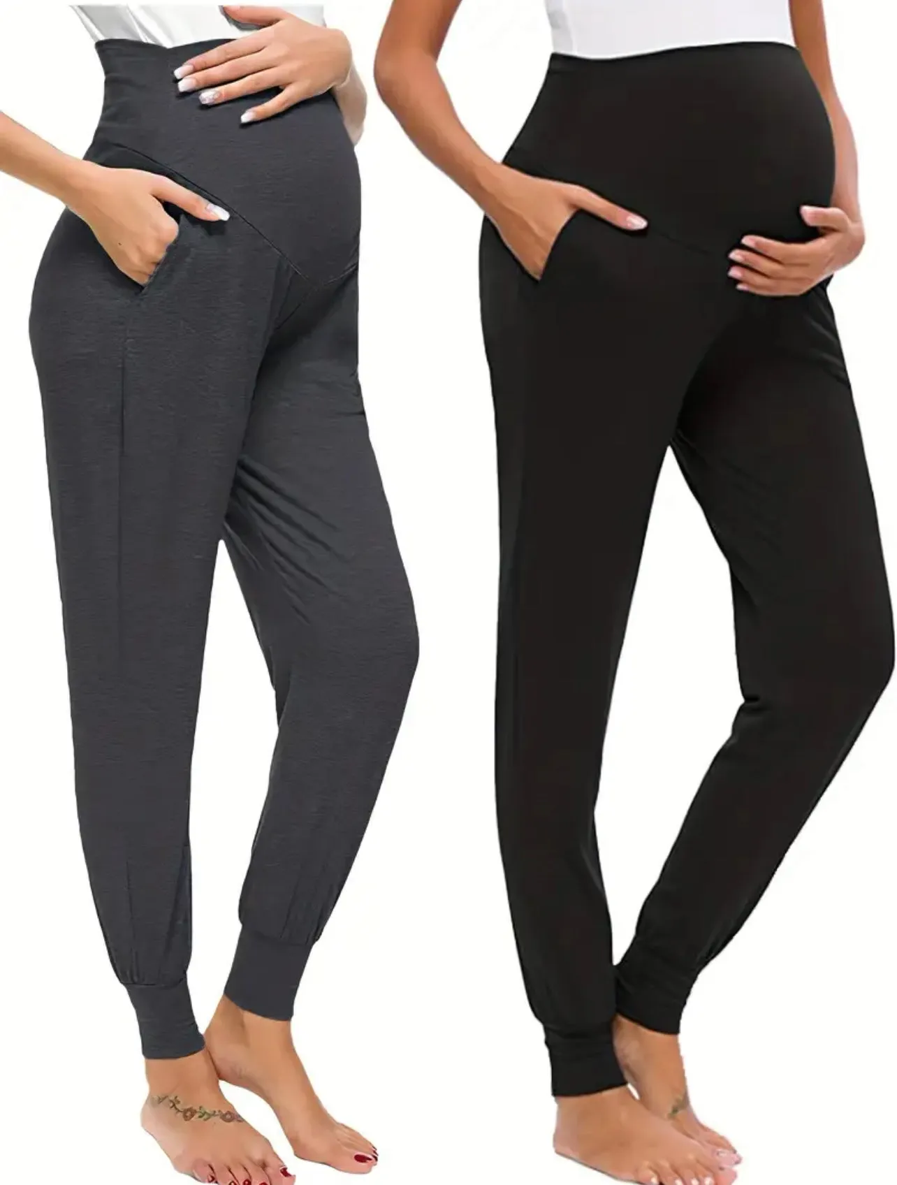 2pcs Comfy High Waist Tummy Support Maternity Sports Yoga Pants With Pocket, Baby Bumps  Collection