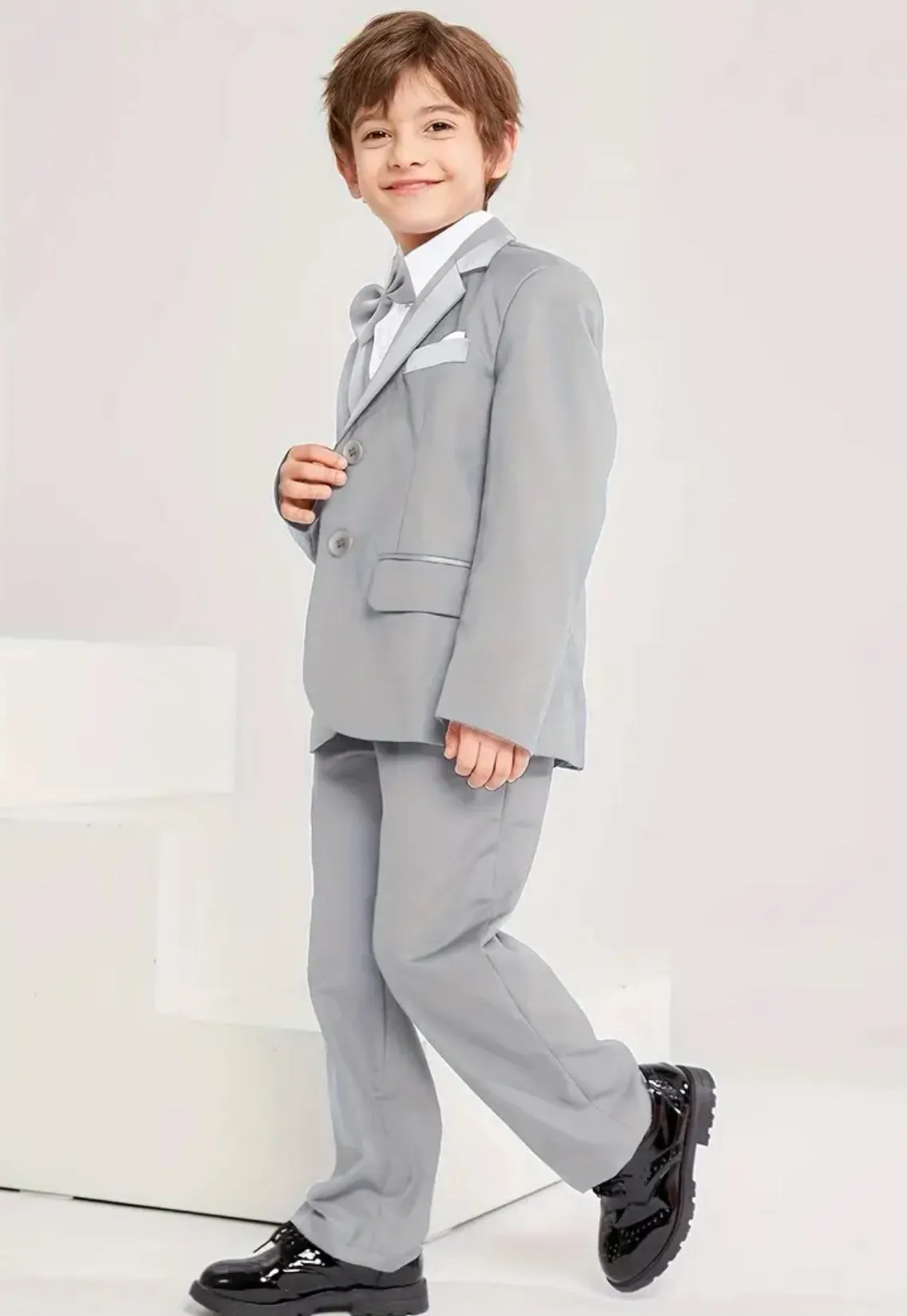 5pcs Boy's Gentleman Suit,  Jacket & Long Sleeve, Plain Color Shirt, Pants, Vest, Tie & Strap