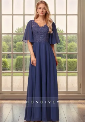 A-Line V-Neck Half Sleeves Lace Applique Empire Mother of the Bride Dress