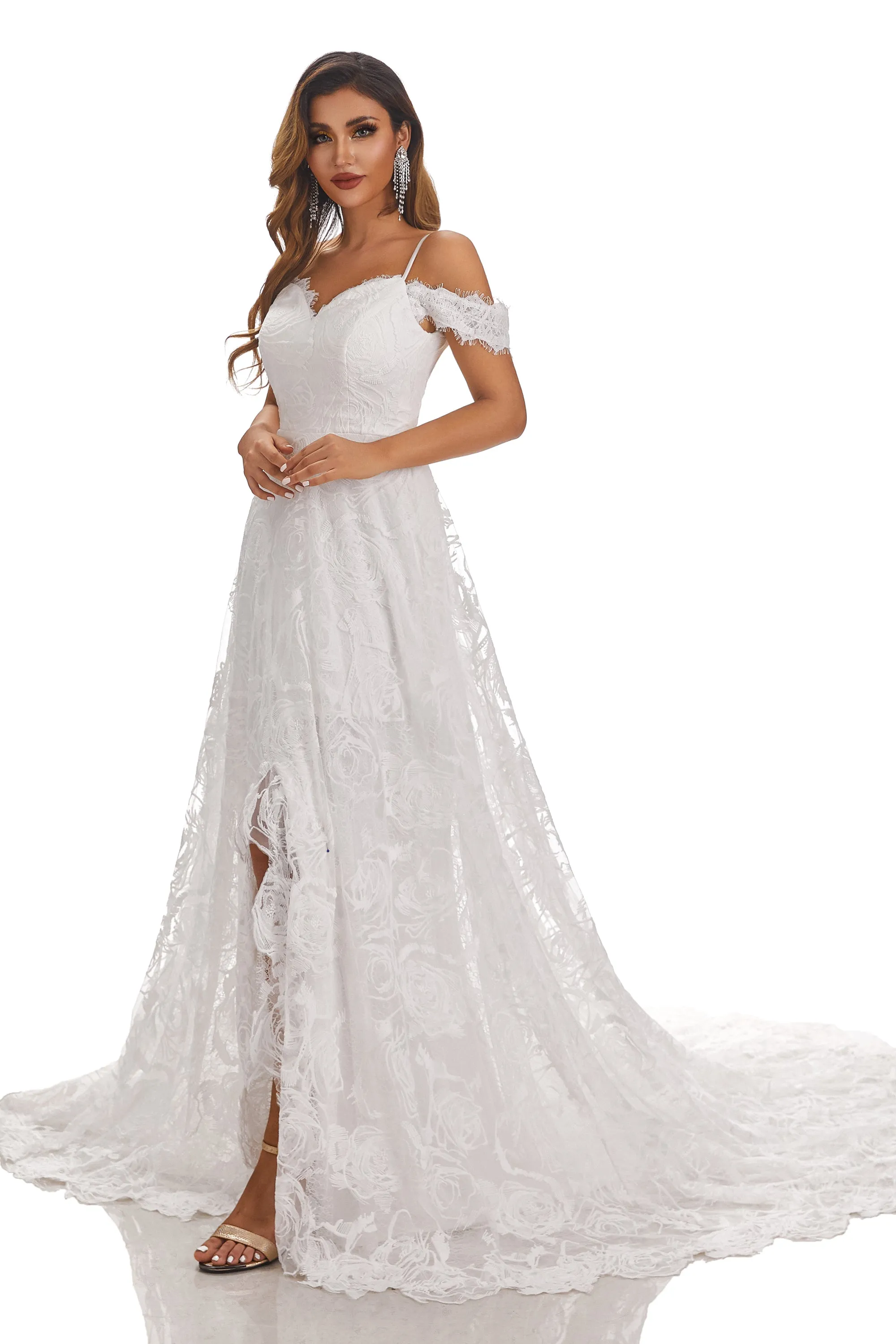 A-Line V-Neck Off-The-Shoulder Wedding Dress With Lace Appliques