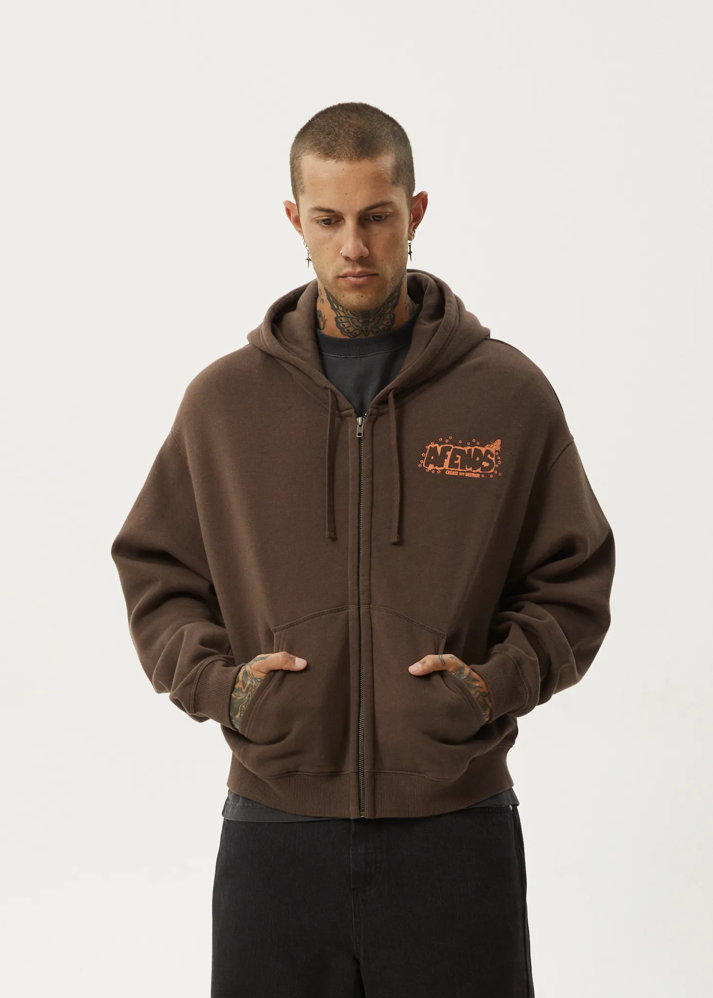 AFENDS Mens Cosmic Life - Zip Hood - Coffee