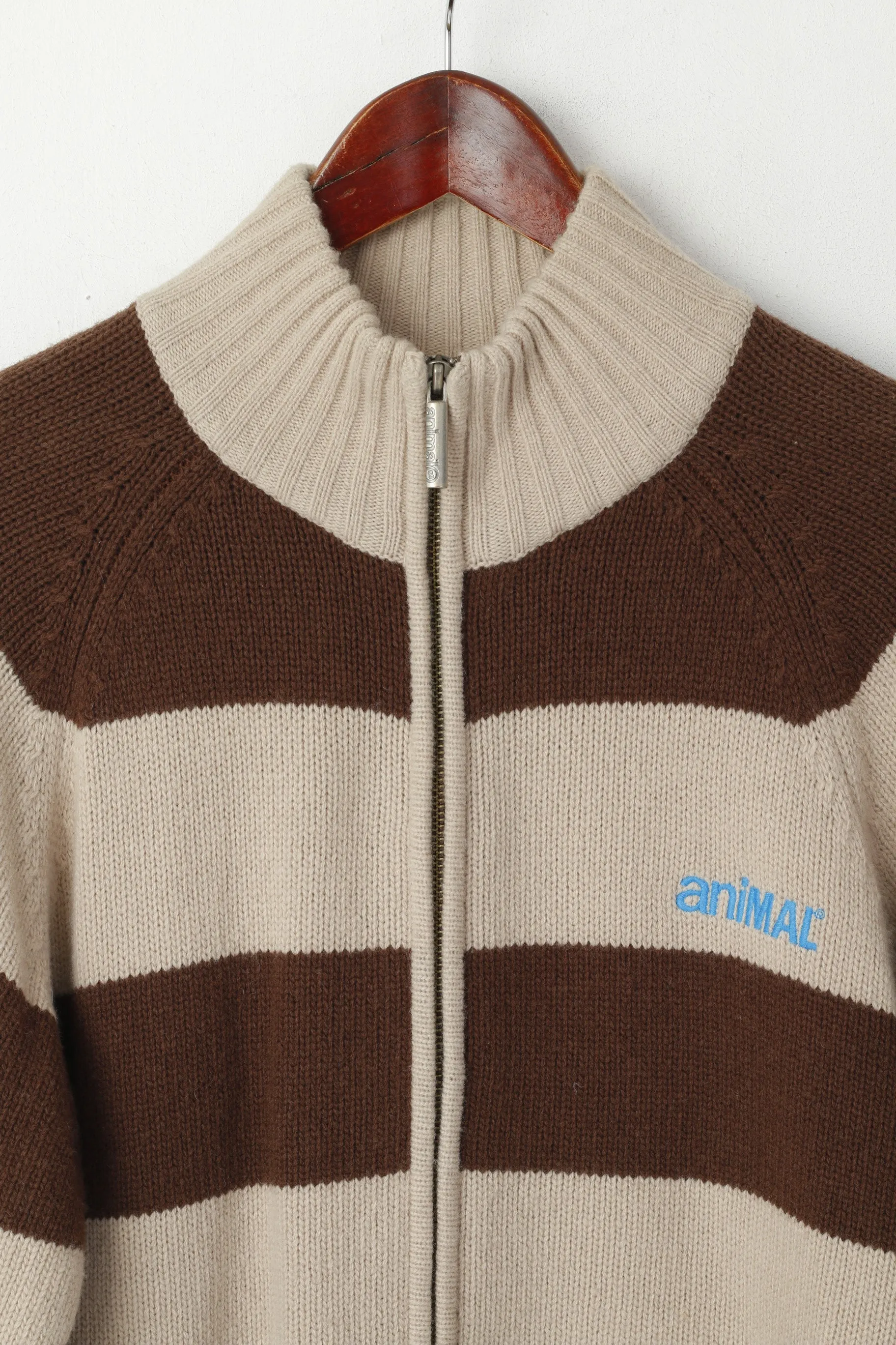 Animal Men M Sweater Brown Wool Blend Striped Logo Fit Full Zipper Cardigan