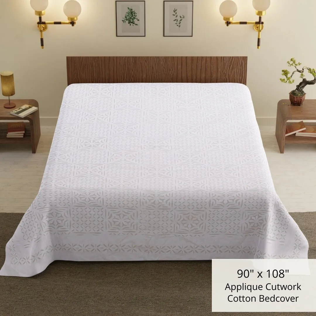 Applique Cutwork Cotton Double Bed Cover in White Summer Solace | Handmade in India