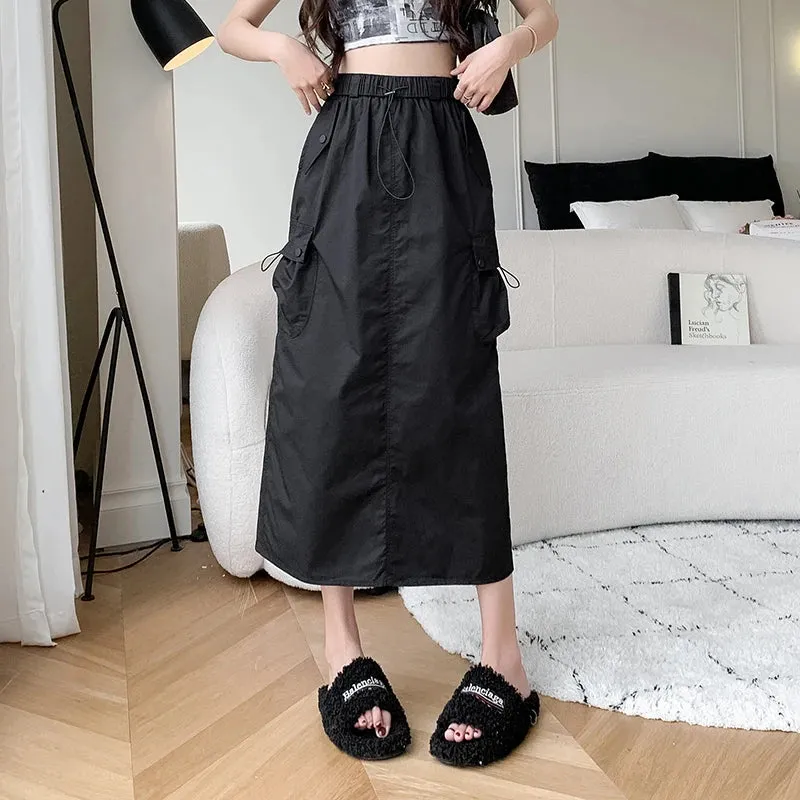 Apricot Elastic Waist Casual Women Cargo Skirts Lace-up Sexy Solid Color Fashion Female Streetwear Grey Black Basic Skirt