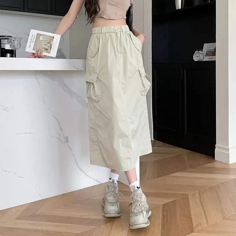 Apricot Elastic Waist Casual Women Cargo Skirts Lace-up Sexy Solid Color Fashion Female Streetwear Grey Black Basic Skirt