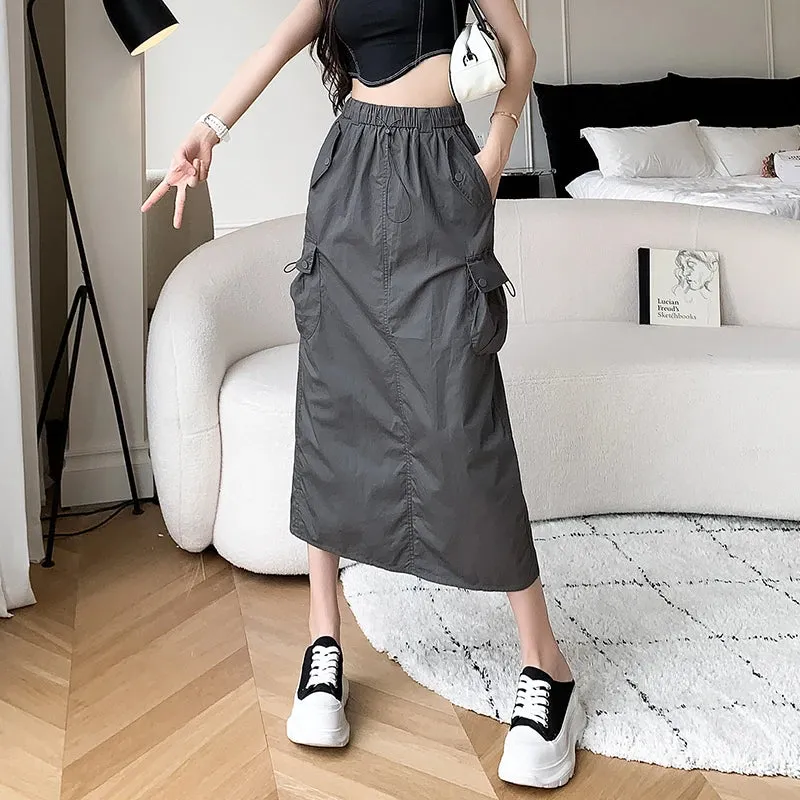 Apricot Elastic Waist Casual Women Cargo Skirts Lace-up Sexy Solid Color Fashion Female Streetwear Grey Black Basic Skirt