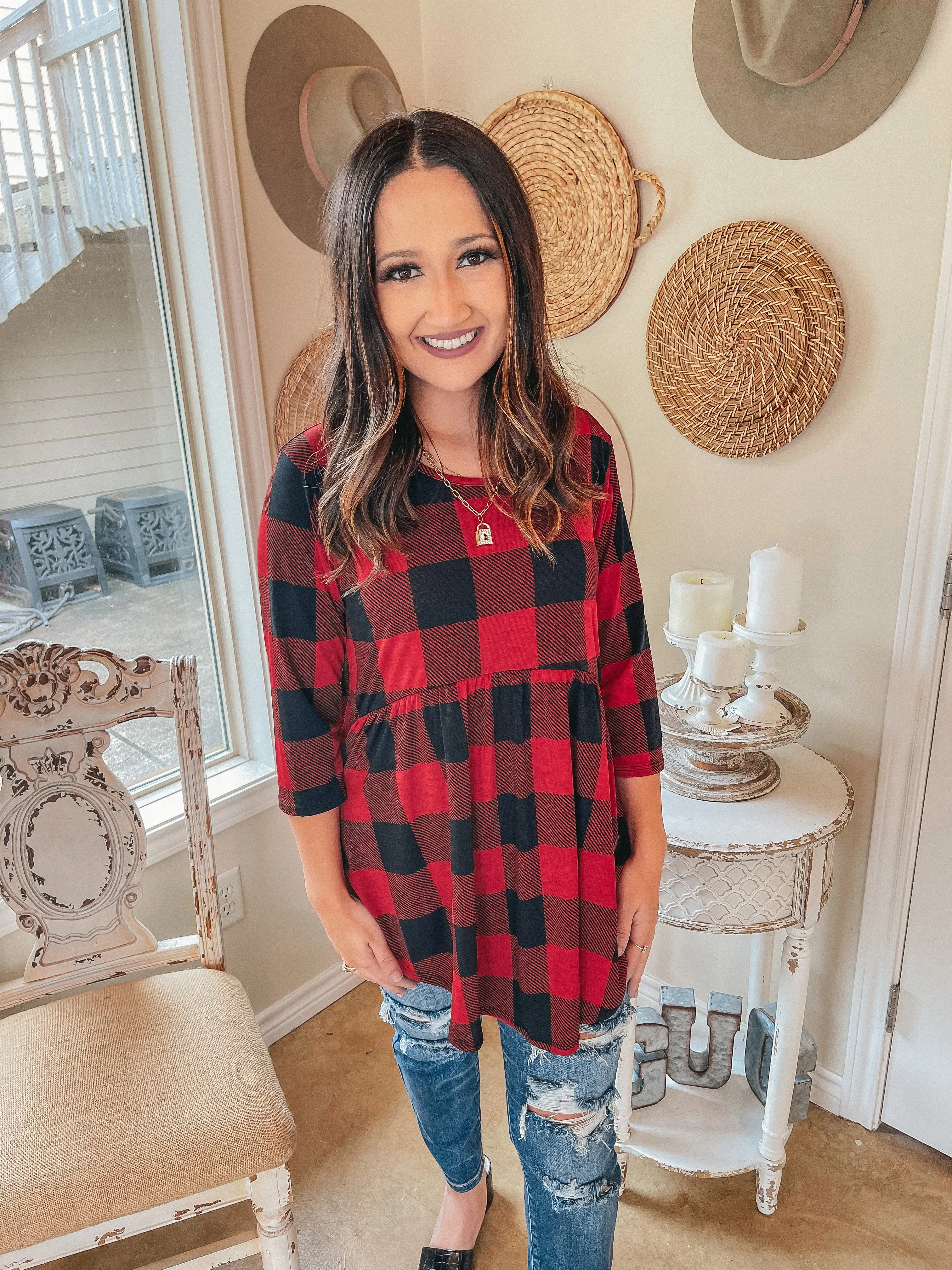 As You Wish Buffalo Plaid Baby Doll Top in Red