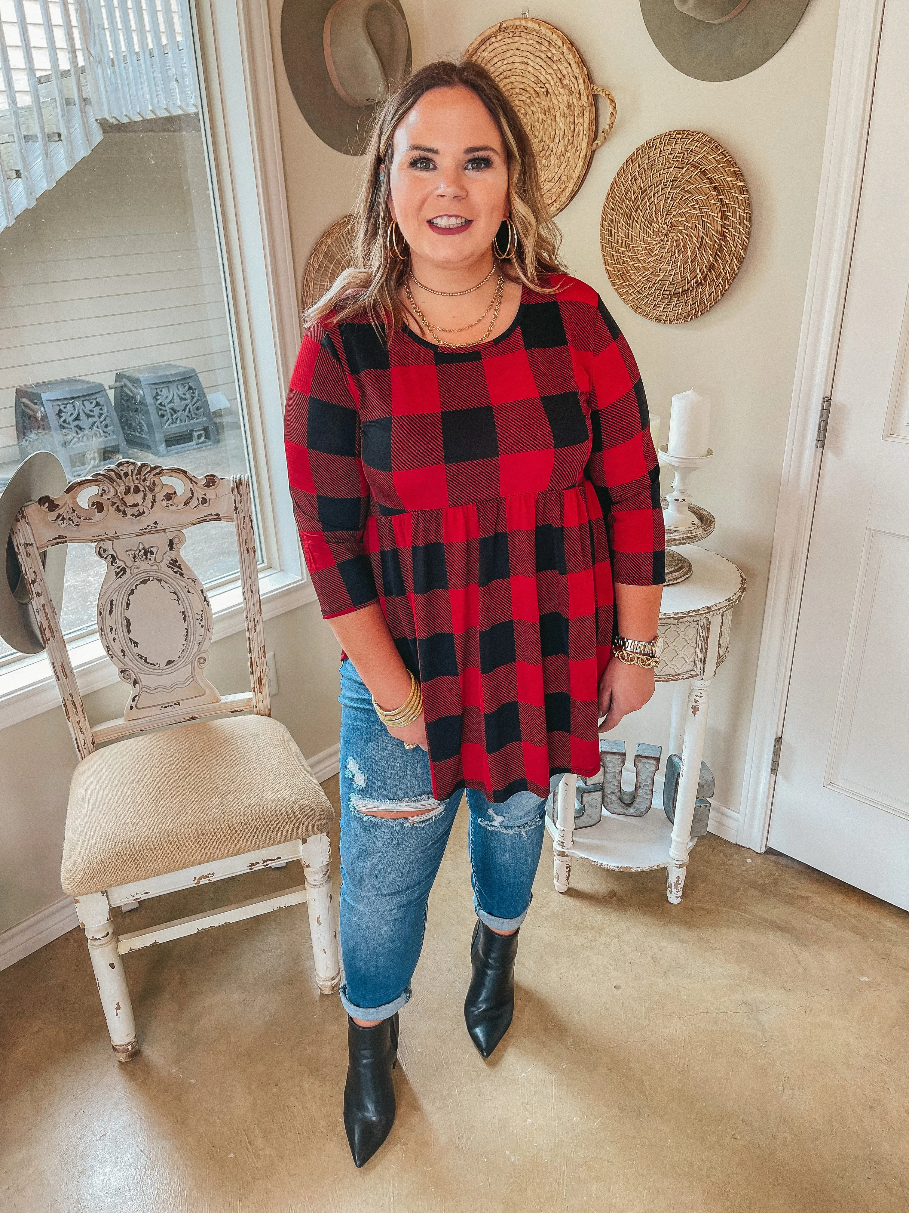 As You Wish Buffalo Plaid Baby Doll Top in Red