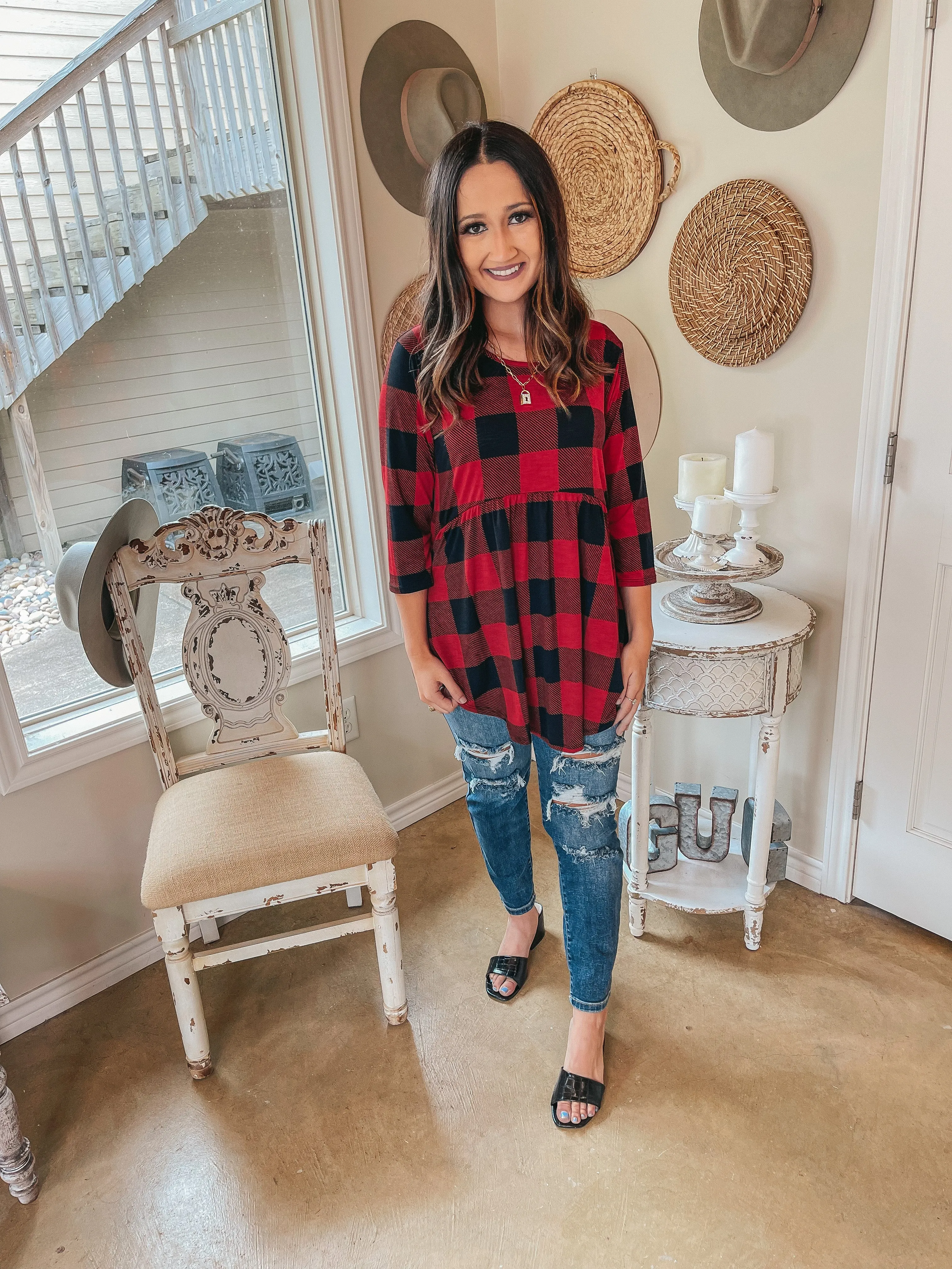 As You Wish Buffalo Plaid Baby Doll Top in Red