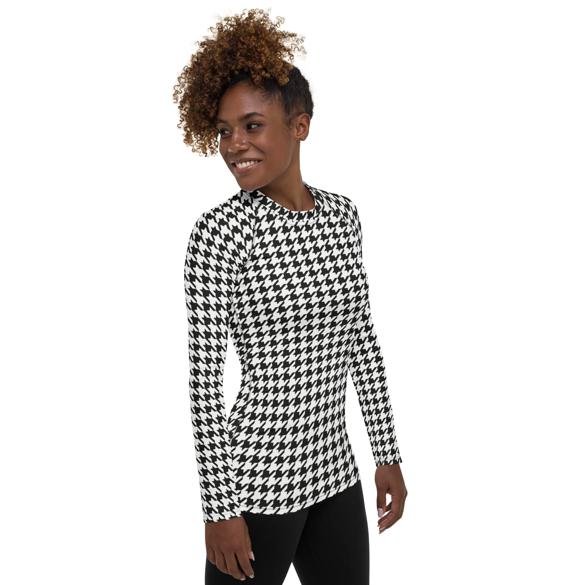 Black & White Houndstooth Print Rash Guard