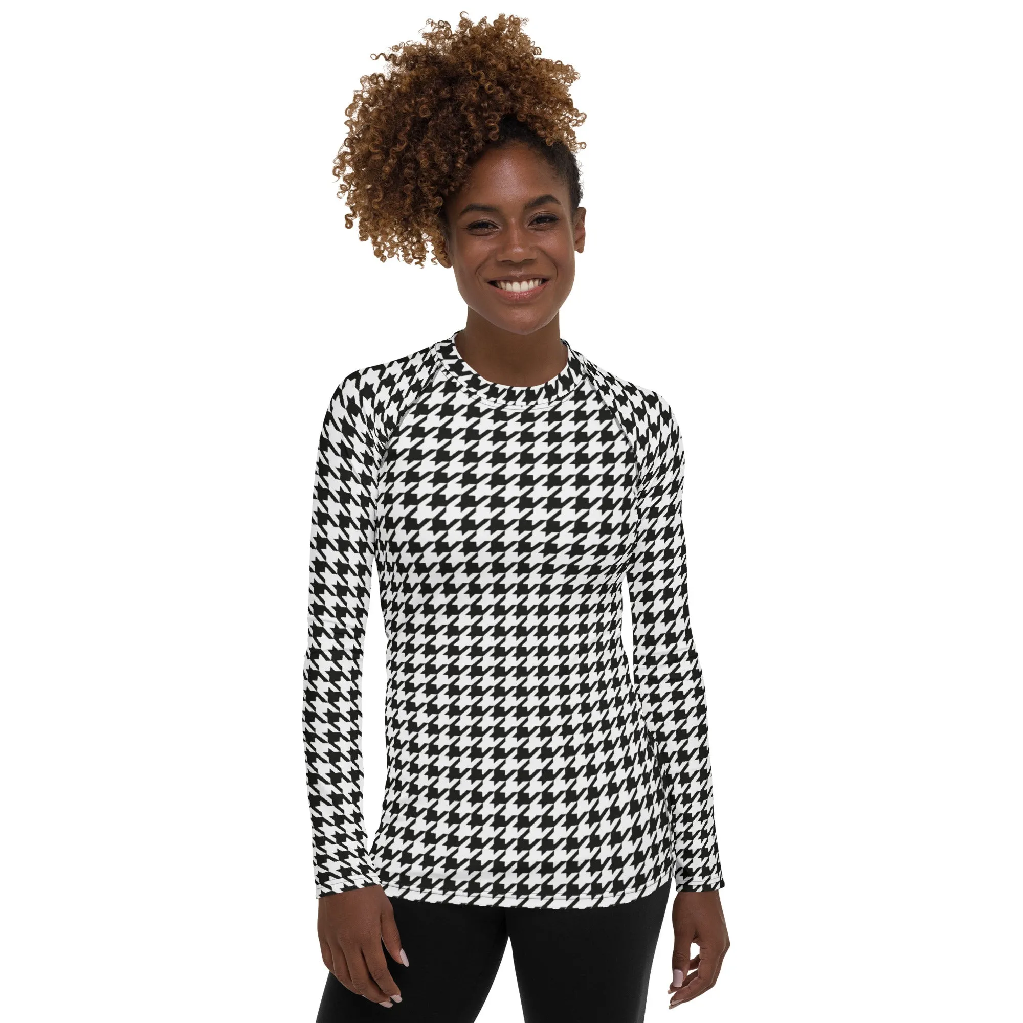 Black & White Houndstooth Print Rash Guard