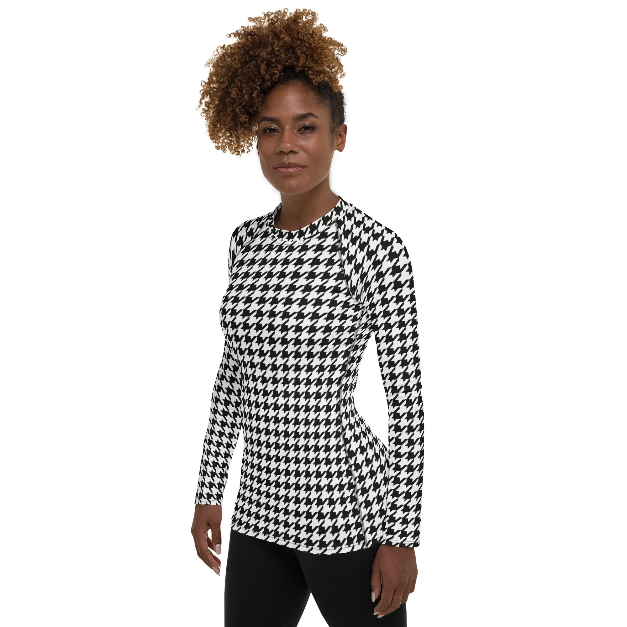 Black & White Houndstooth Print Rash Guard