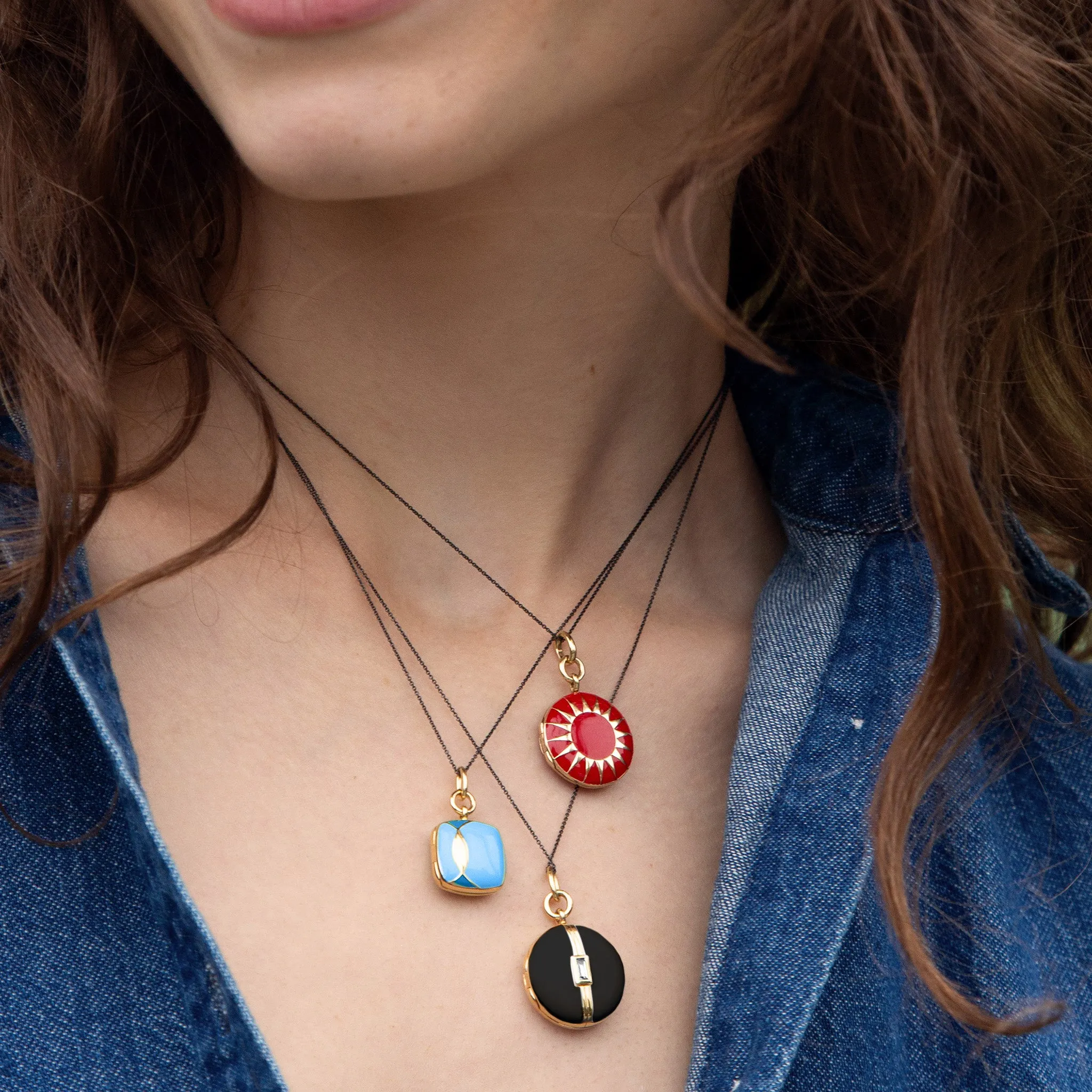 Black Enamel Vermeil Round Locket with White Sapphire