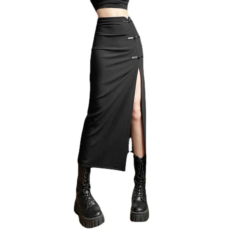 Black Long Mid-length Slits Slim Solid A-line Waist High Sexy Streetwear Women Hip-covering Skirt