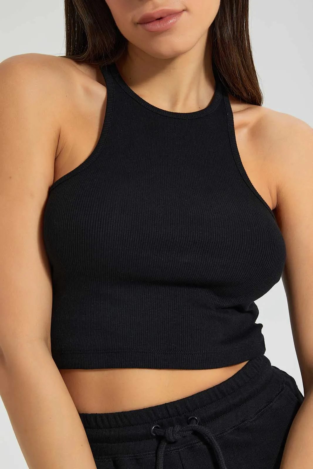 Black Ribbed Crop Vest