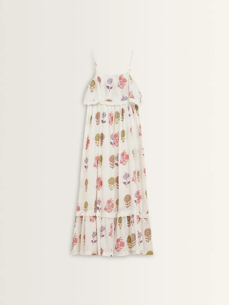 Bombay Paisley White Floral Printed Tiered Cotton Dress