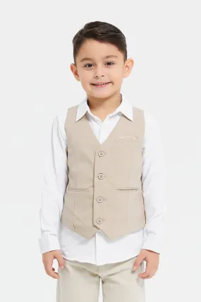 Boys Beige And White Vest And Shirt Set (2 Piece)