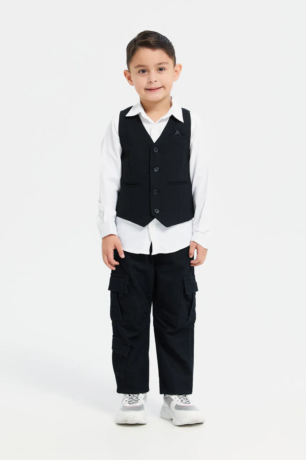 Boys Black And White Vest And Shirt Set (2 Piece)