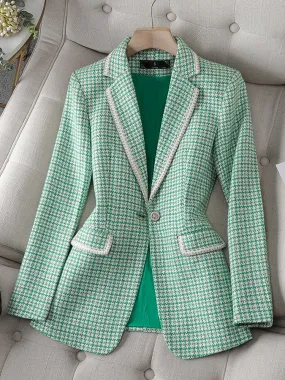 CAROLINE SUITS Women's Elegant Stylish Fashion Office Professional Woven Green Plaid Blazer Jacket