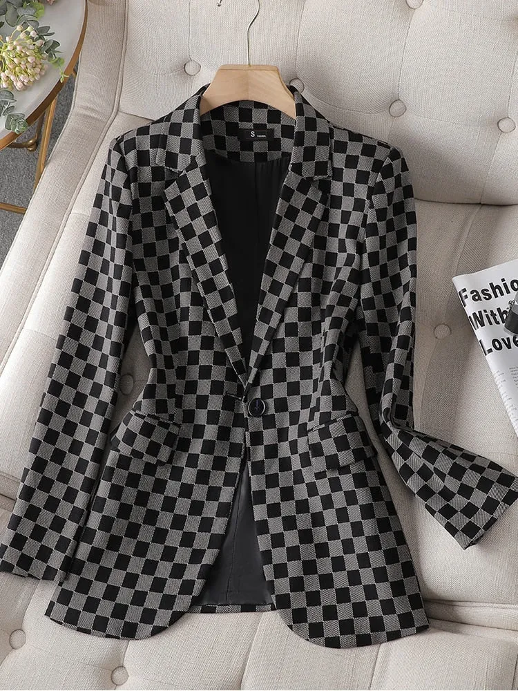 CAROLINE SUITS Women's Elegant Stylish Fashion Office Professional Woven Green Plaid Blazer Jacket