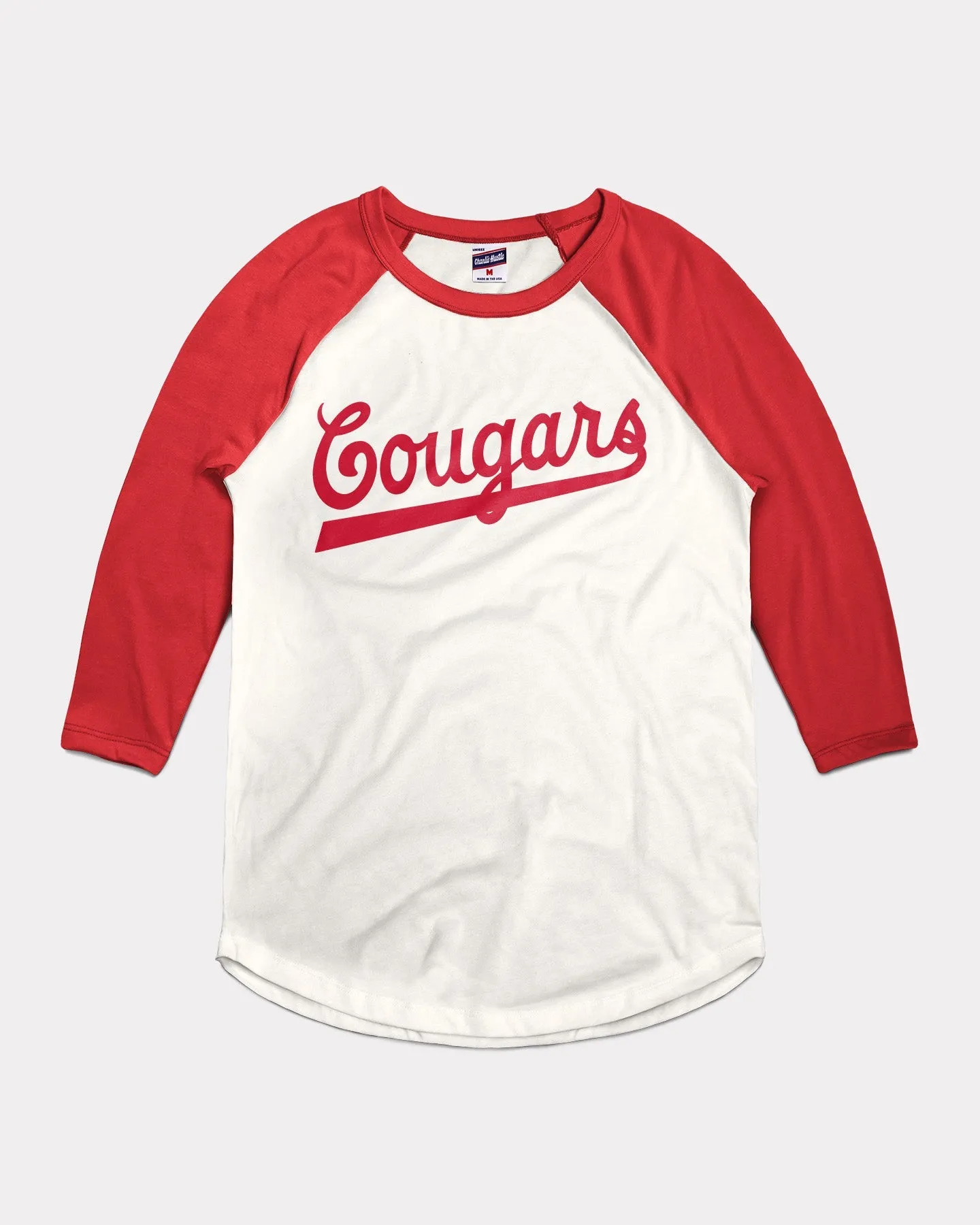 Cougars Baseball Script White & Red Raglan