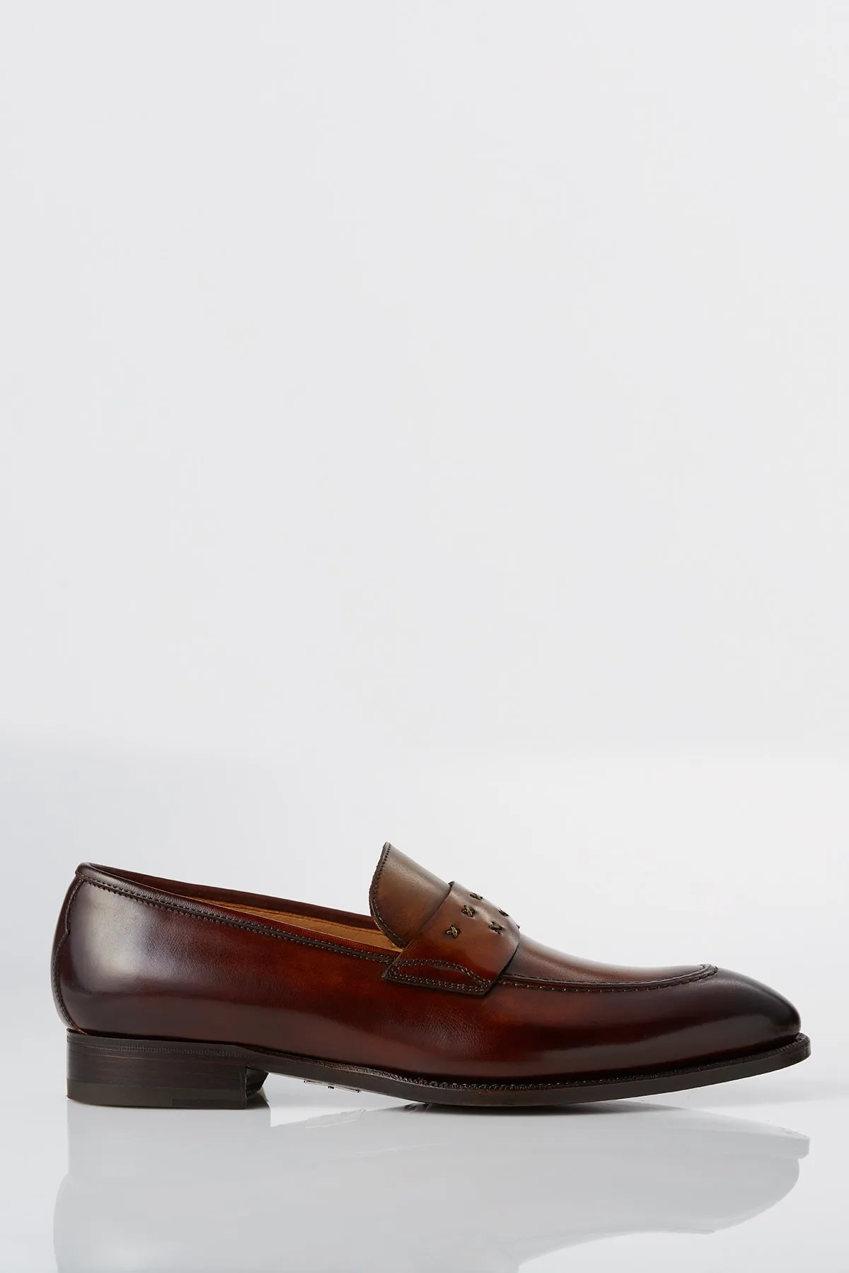 David August Leather Cross Stitched Penny Loafers in Whiskey Brown