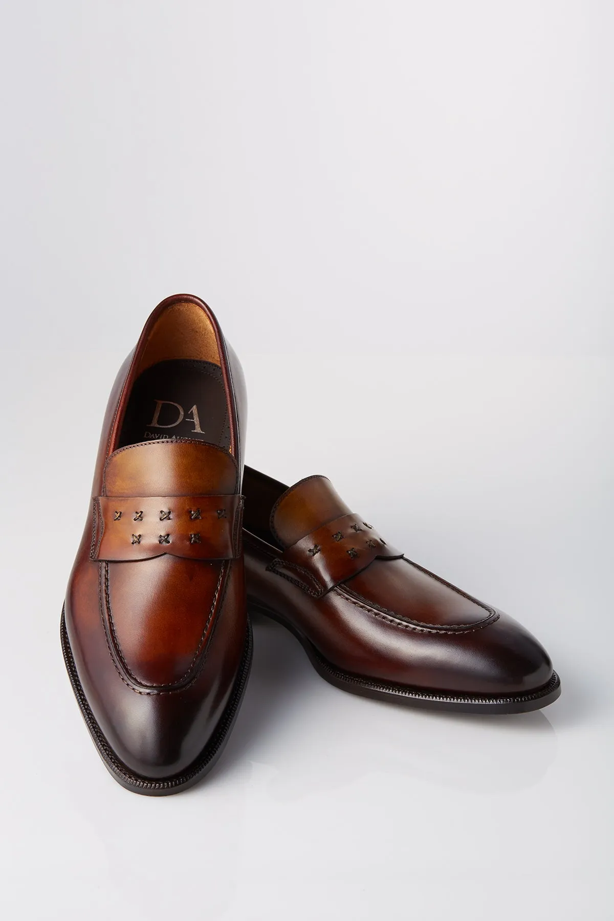 David August Leather Cross Stitched Penny Loafers in Whiskey Brown