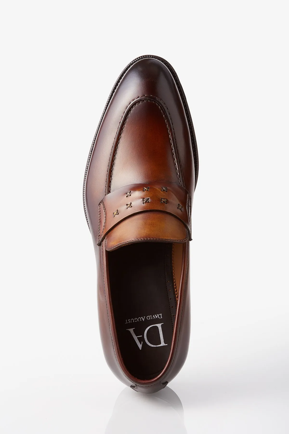 David August Leather Cross Stitched Penny Loafers in Whiskey Brown