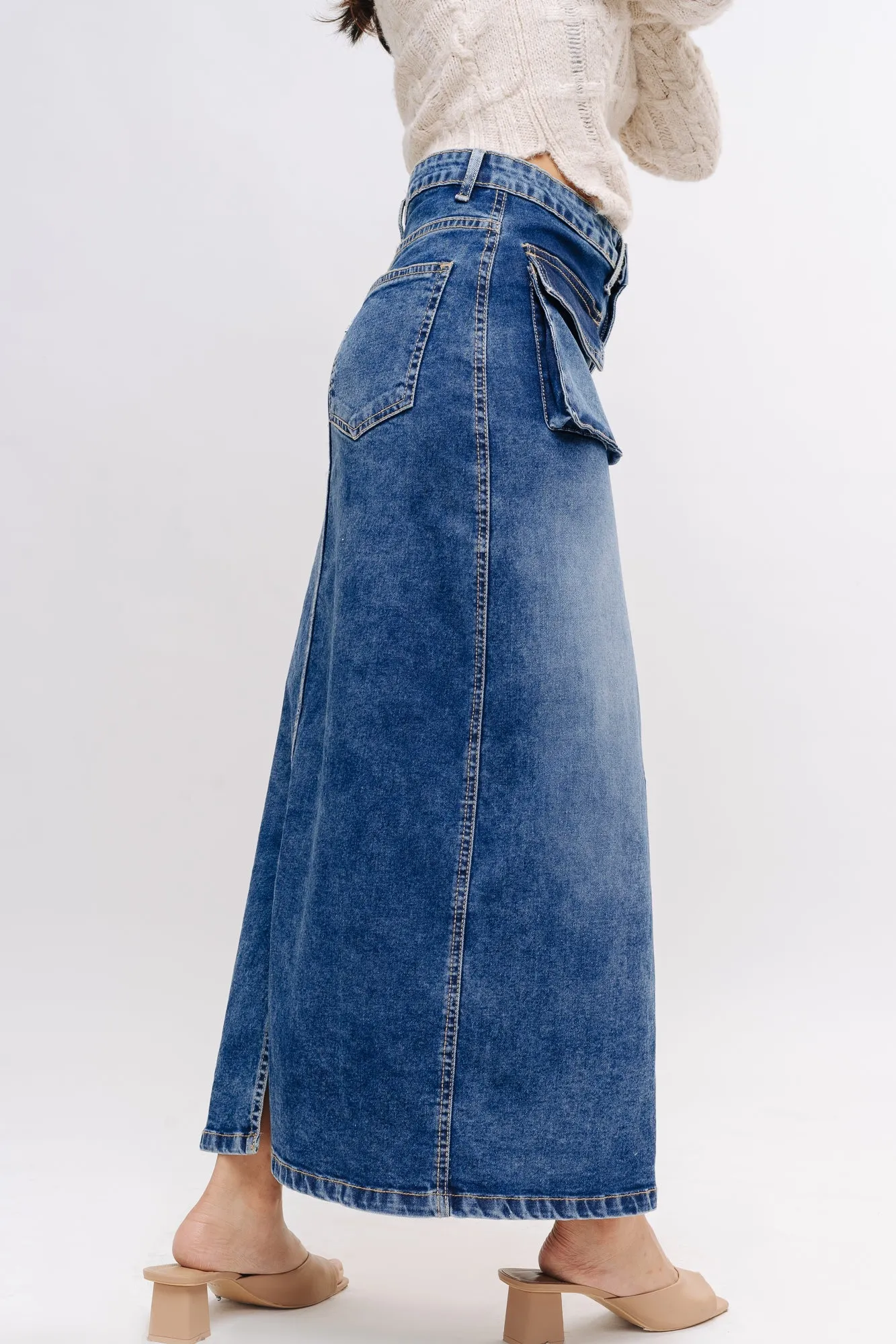 Denim Cargo Midi Skirt