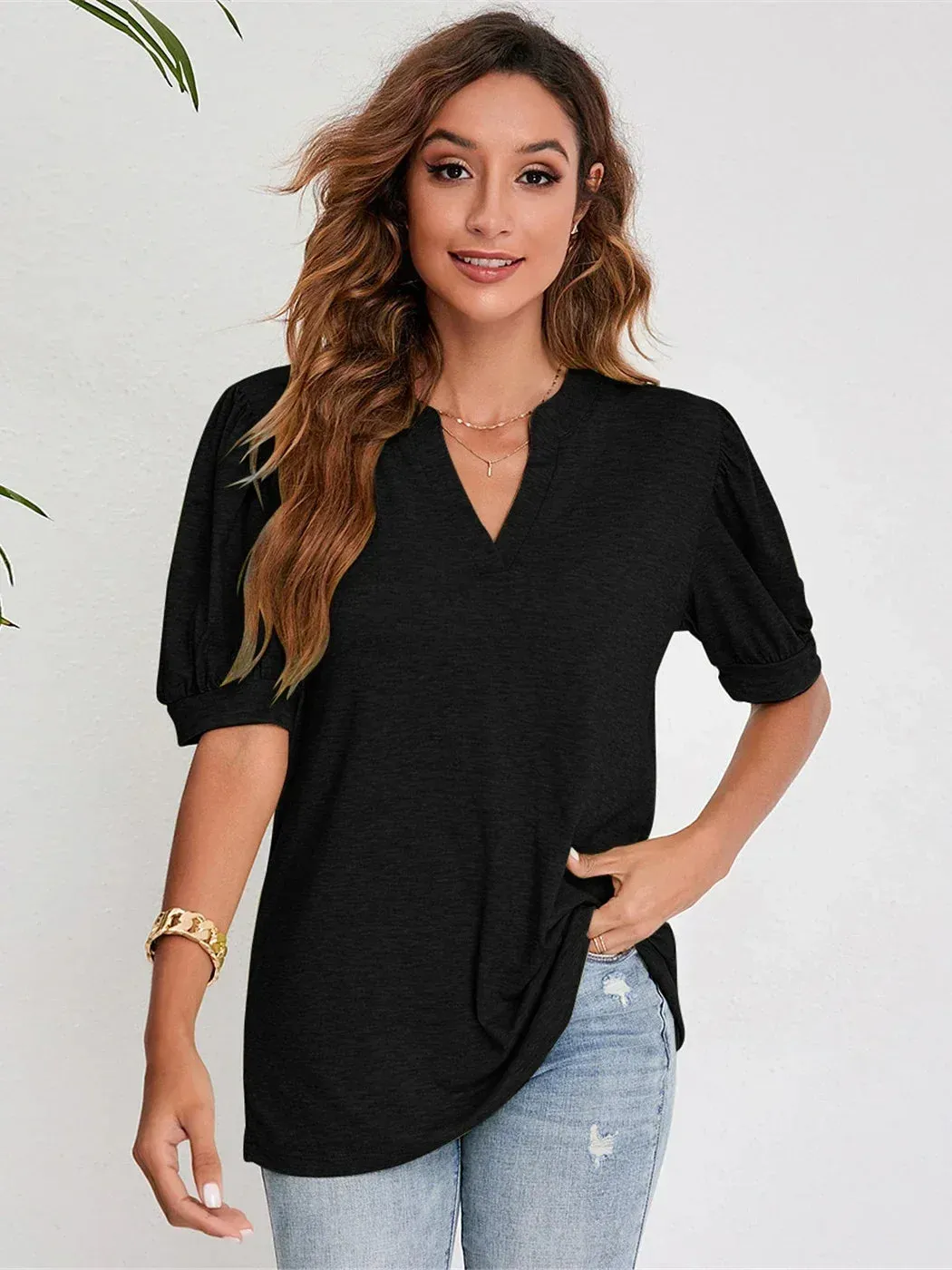 DressBetty - 2024 Cute Short Puff Sleeve Black T-Shirt for Women