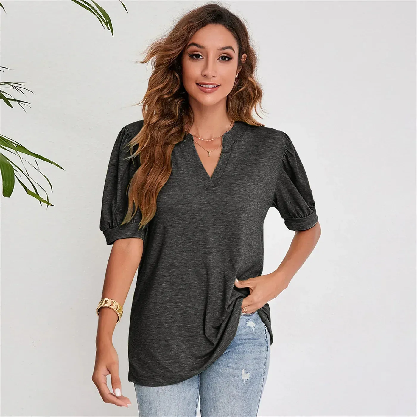 DressBetty - 2024 Cute Short Puff Sleeve Black T-Shirt for Women