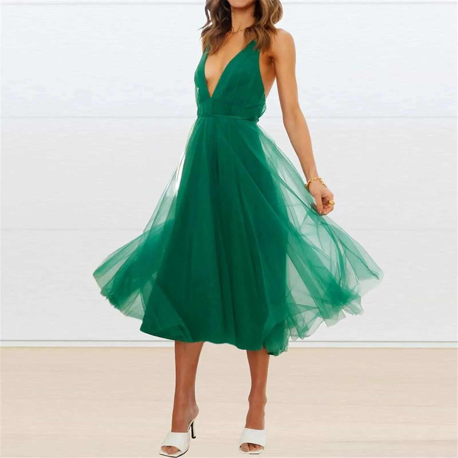 DressBetty - 2024 Lace-Up Empire Waist Deep V-Neck Backless Tulle Bridesmaid Midi Dress