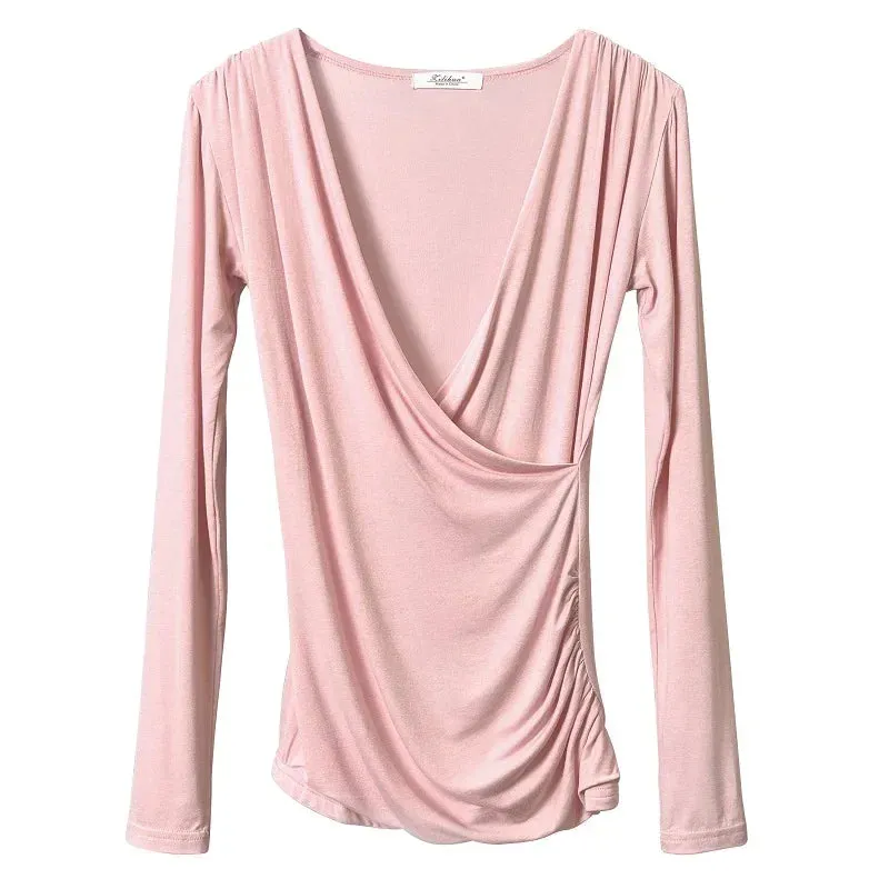 DressBetty - 2024 Solid Slim Waist V-Neck Long Sleeve Women's Tee