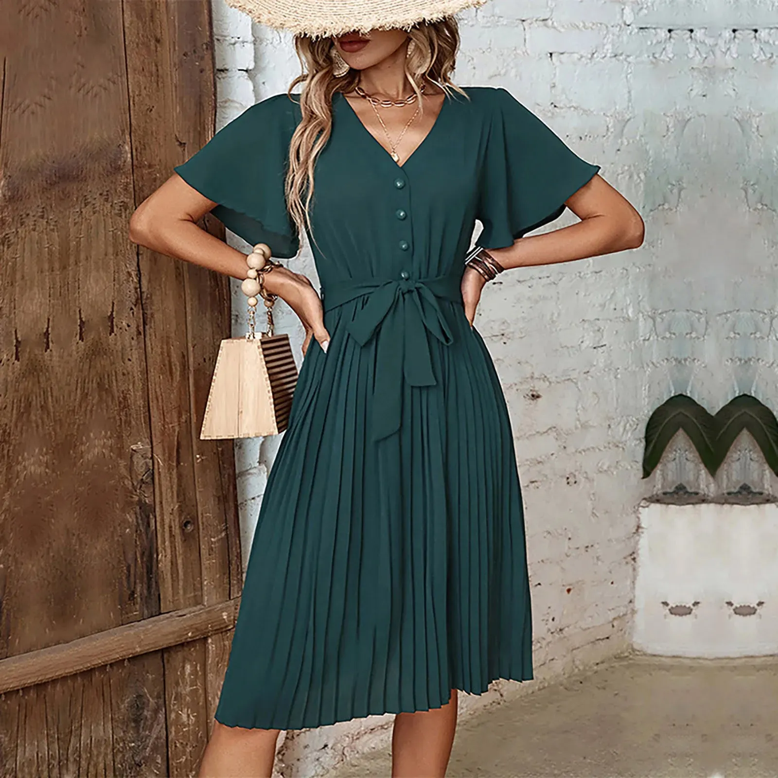 DressBetty - 2024 Summer Elegant Pleated Short Sleeve V-Neck Lace-Up High Waist Midi Dress