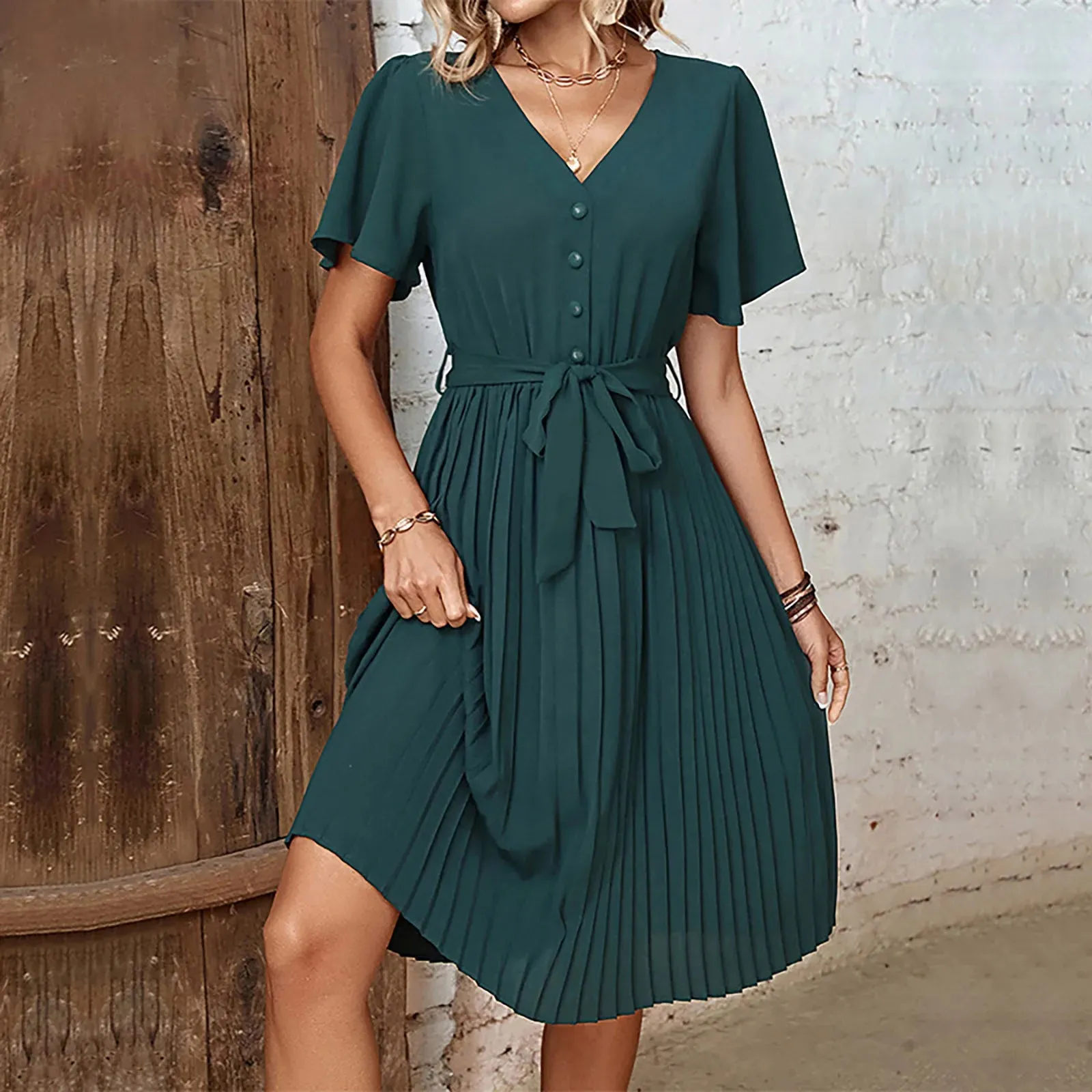 DressBetty - 2024 Summer Elegant Pleated Short Sleeve V-Neck Lace-Up High Waist Midi Dress