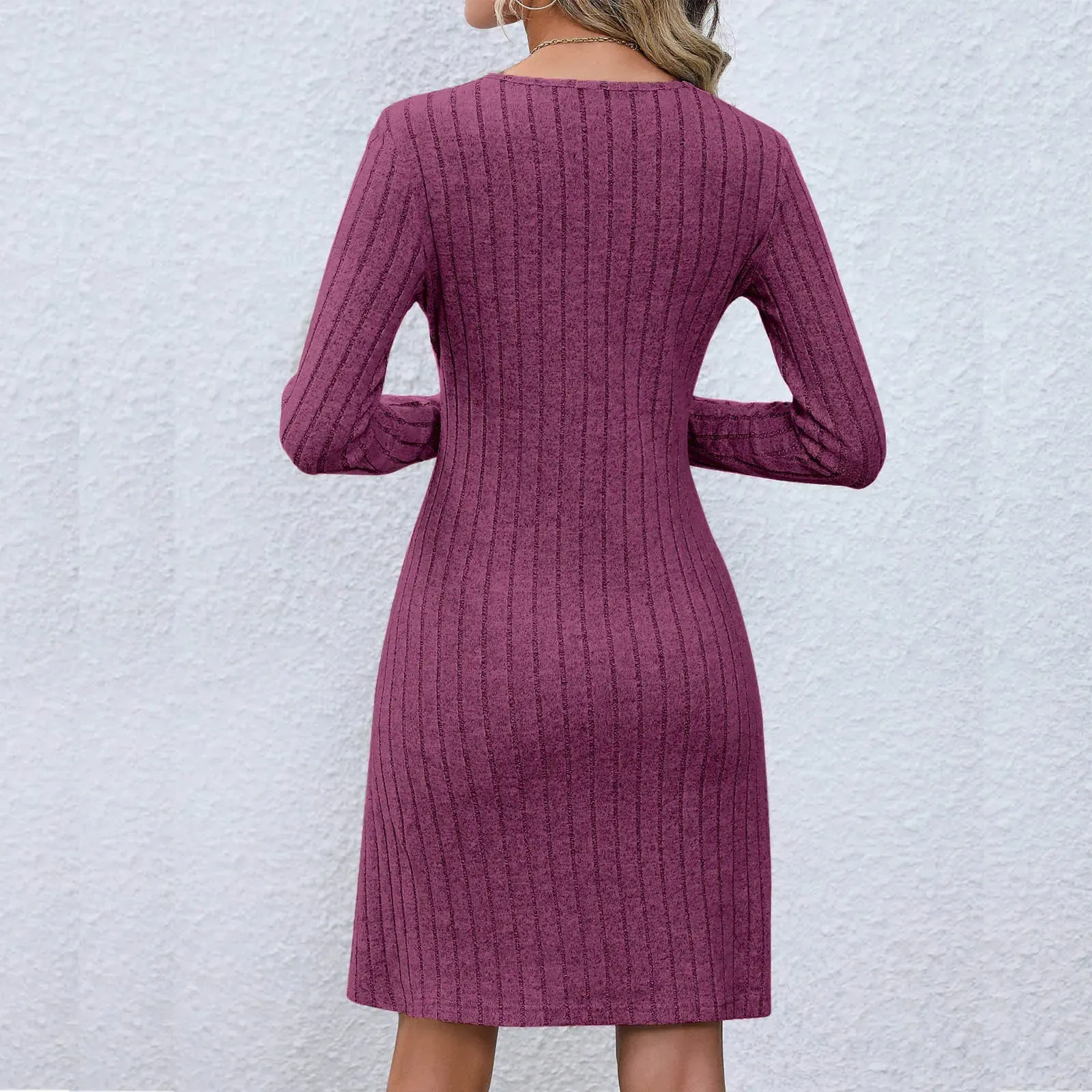 DressBetty - Chic V-Neck Buttoned Waist Long Sleeve Solid Color Midi Dress