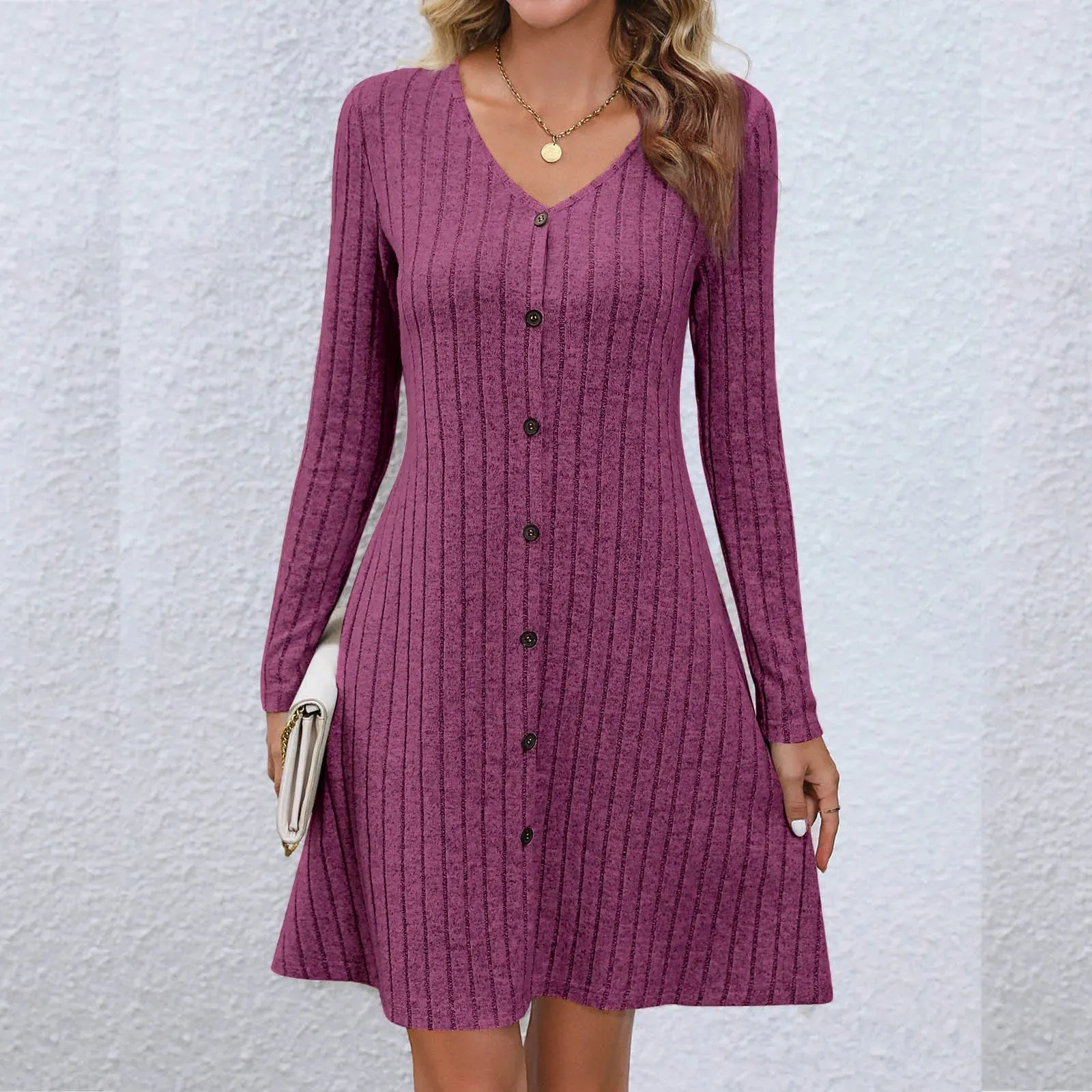 DressBetty - Chic V-Neck Buttoned Waist Long Sleeve Solid Color Midi Dress