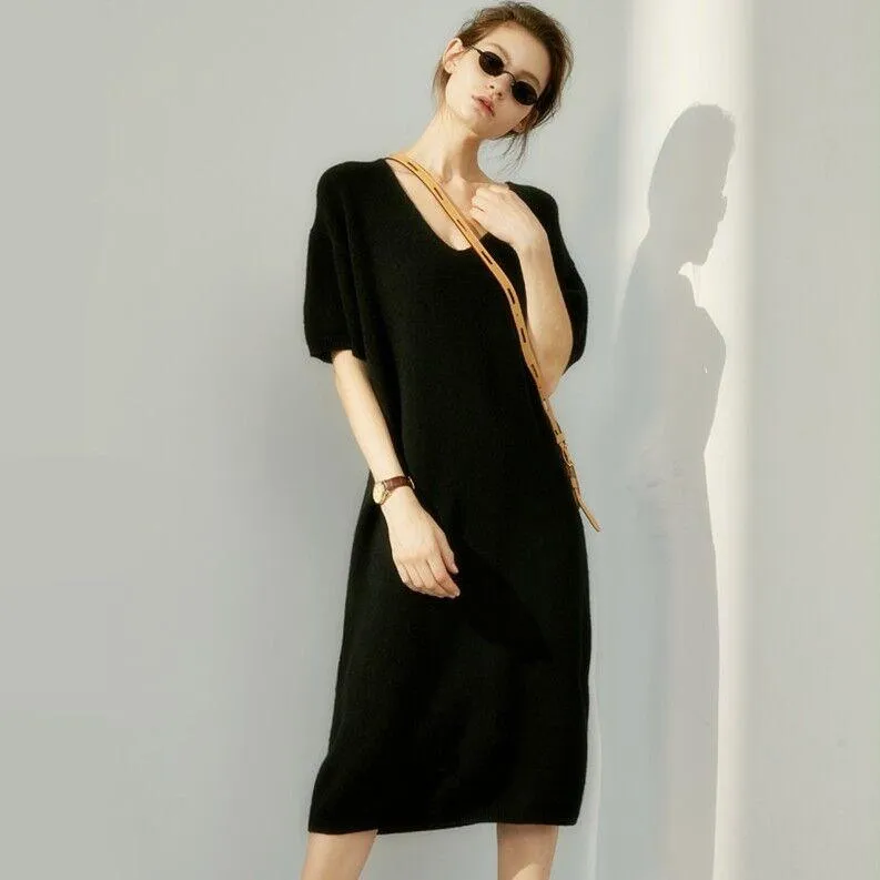 European and American trend V-neck high-grade cashmere sweater dress