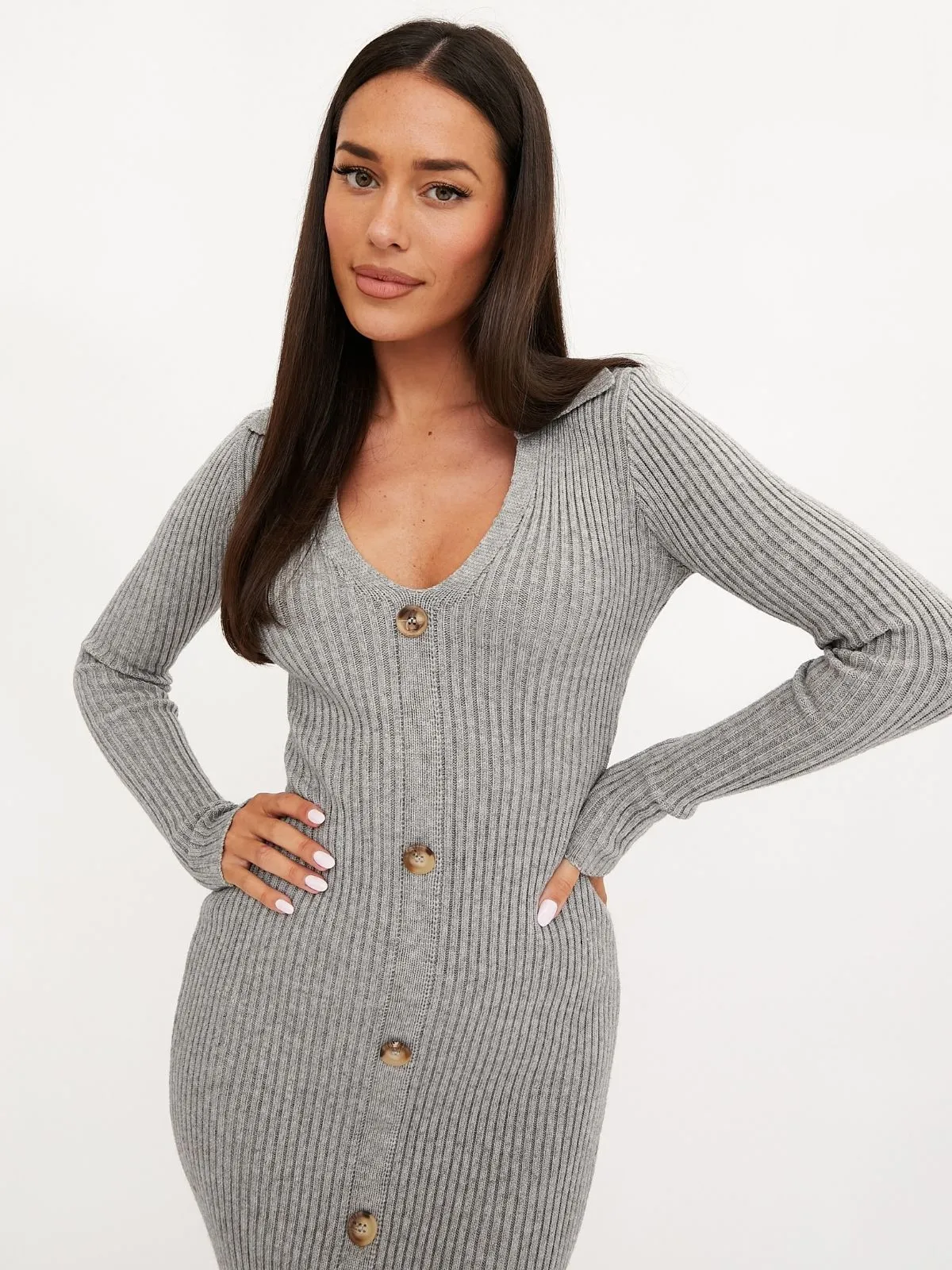 Everly Collar Knitted Midi Dress / Grey