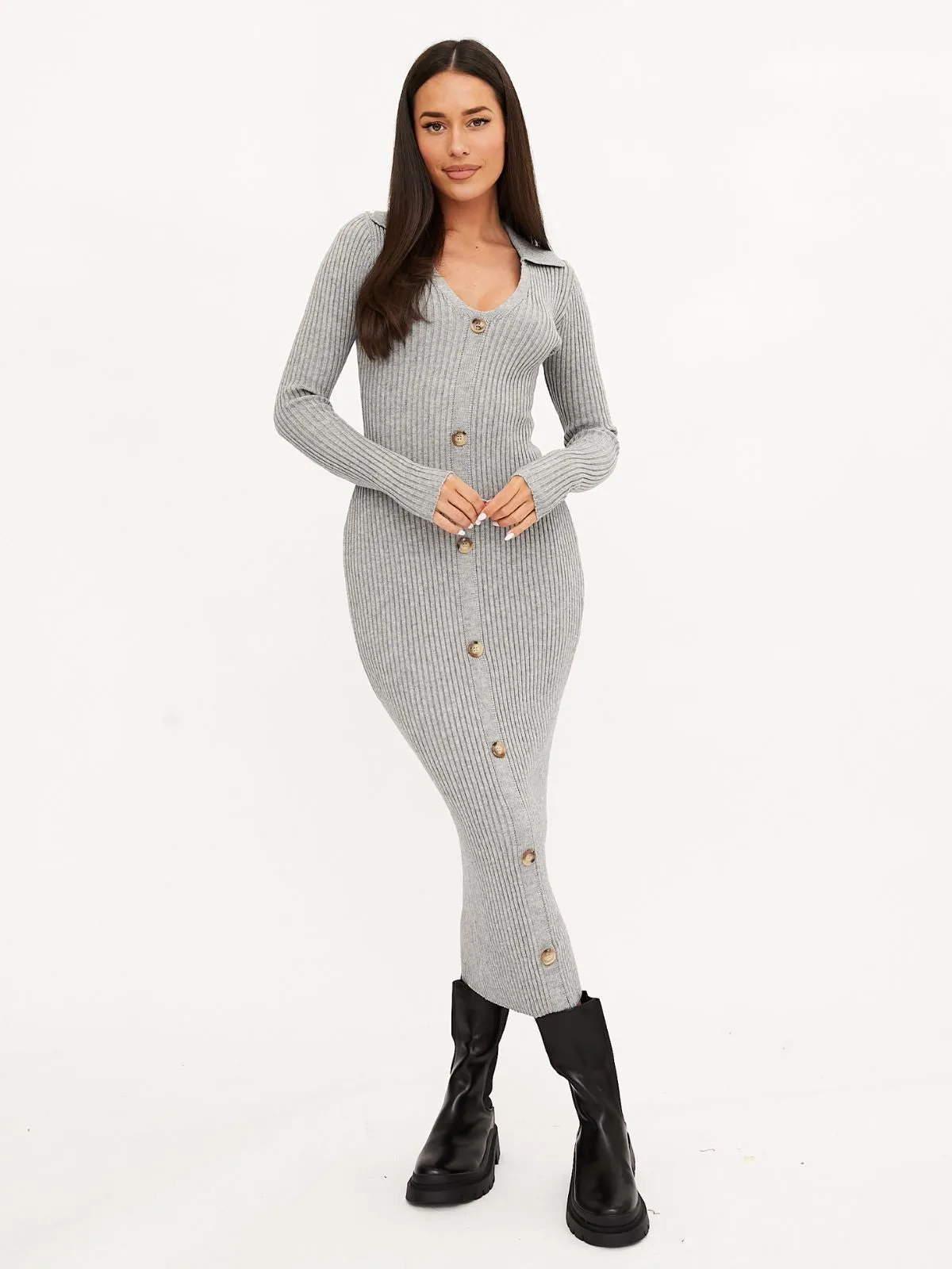 Everly Collar Knitted Midi Dress / Grey