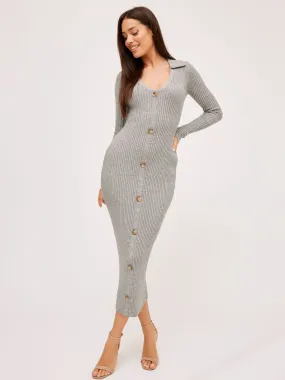 Everly Collar Knitted Midi Dress / Grey