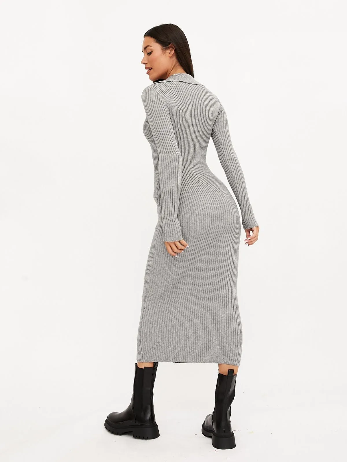 Everly Collar Knitted Midi Dress / Grey