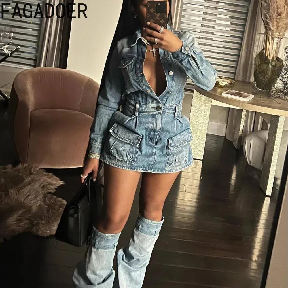 FAGADOER Fashion Button Long Sleeve Denim Mini Dress