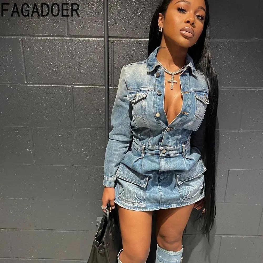 FAGADOER Fashion Button Long Sleeve Denim Mini Dress