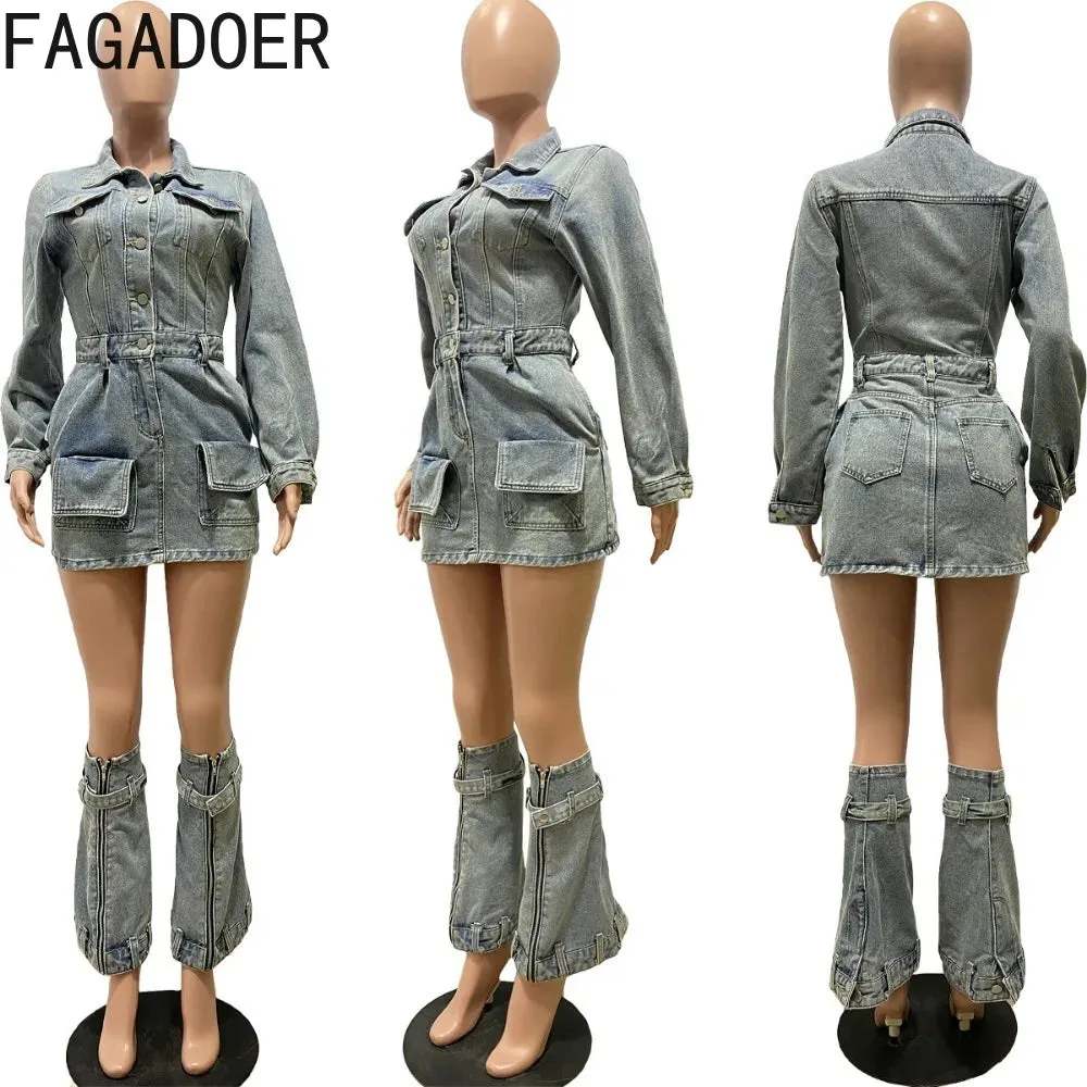 FAGADOER Fashion Button Long Sleeve Denim Mini Dress