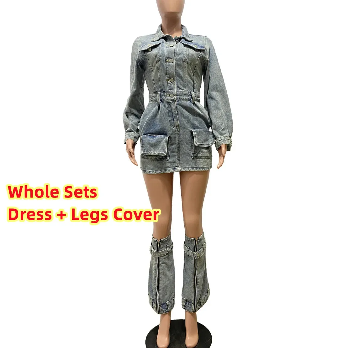 FAGADOER Fashion Button Long Sleeve Denim Mini Dress