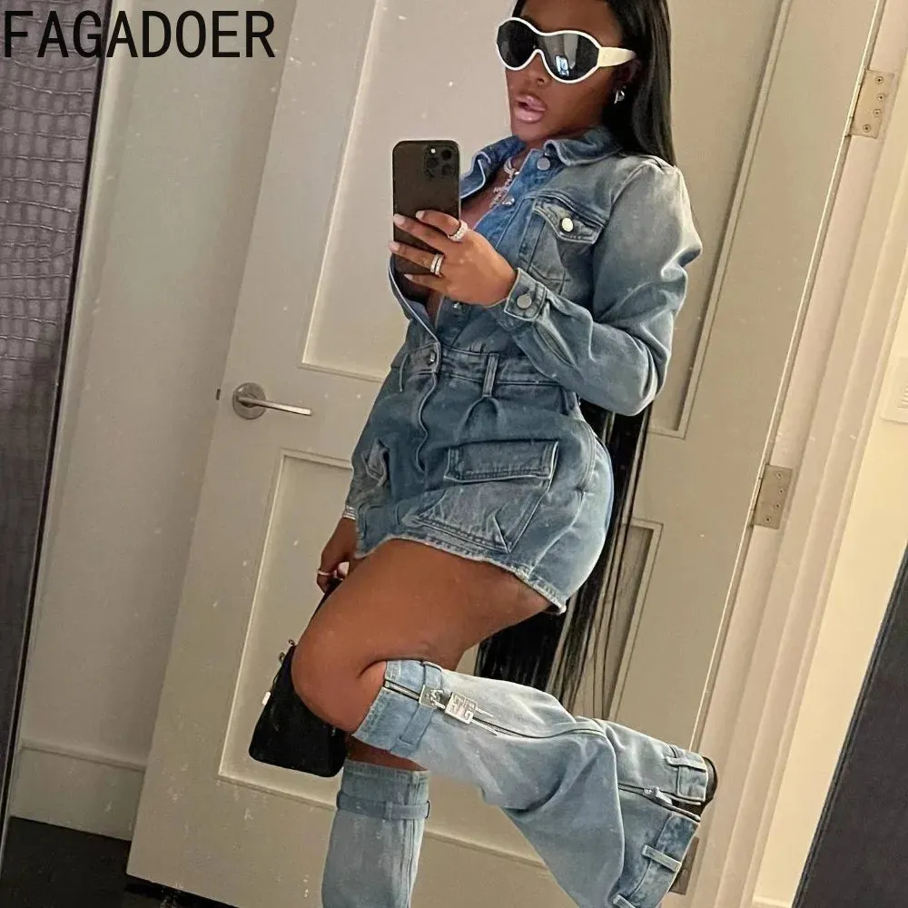 FAGADOER Fashion Button Long Sleeve Denim Mini Dress