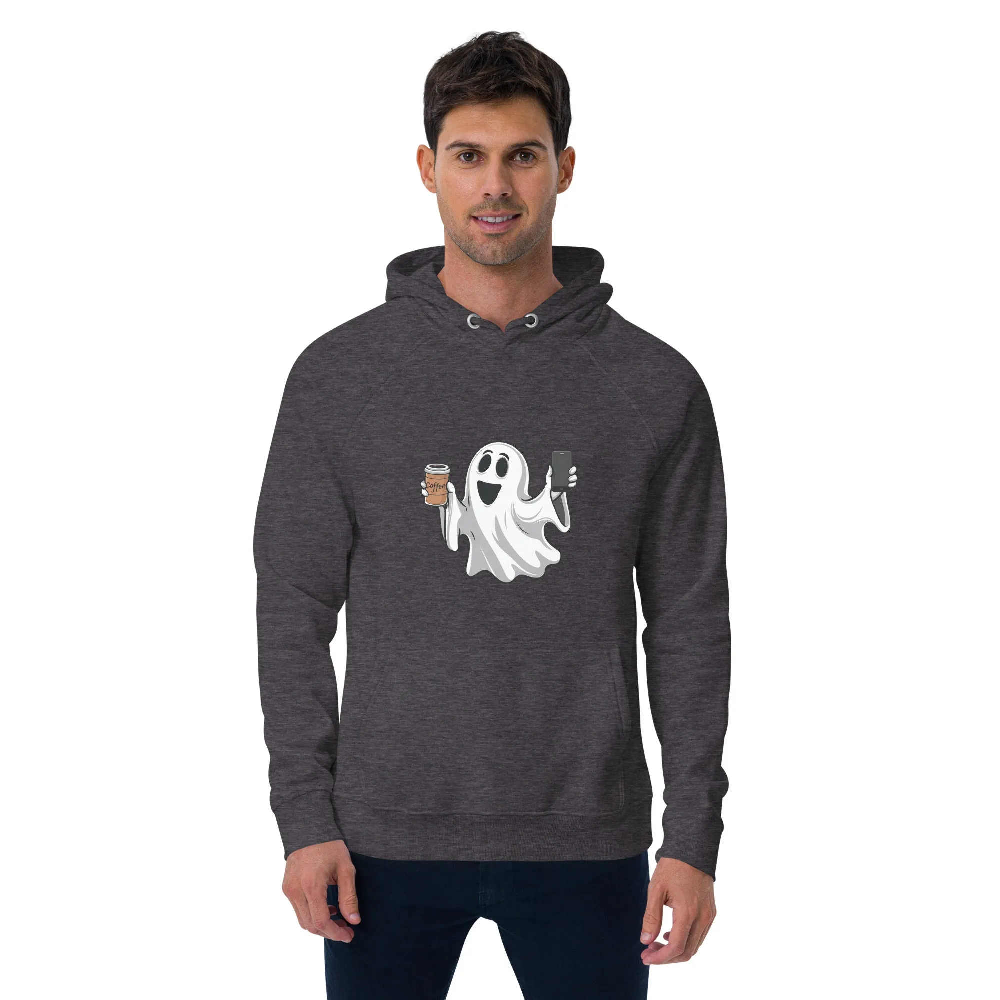 Ghost with Coffee Halloween Graphic Men Eco Raglan Hoodie